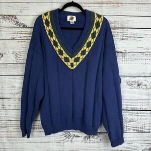 Vintage Men's Field Gear Blue Yellow Argyle V-Neck Grandpa Sweater Size XXL